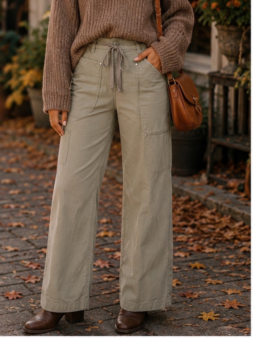 Wide-Leg cargo utility 100% Cotton Drawstring Pants in Light khaki size 10 long